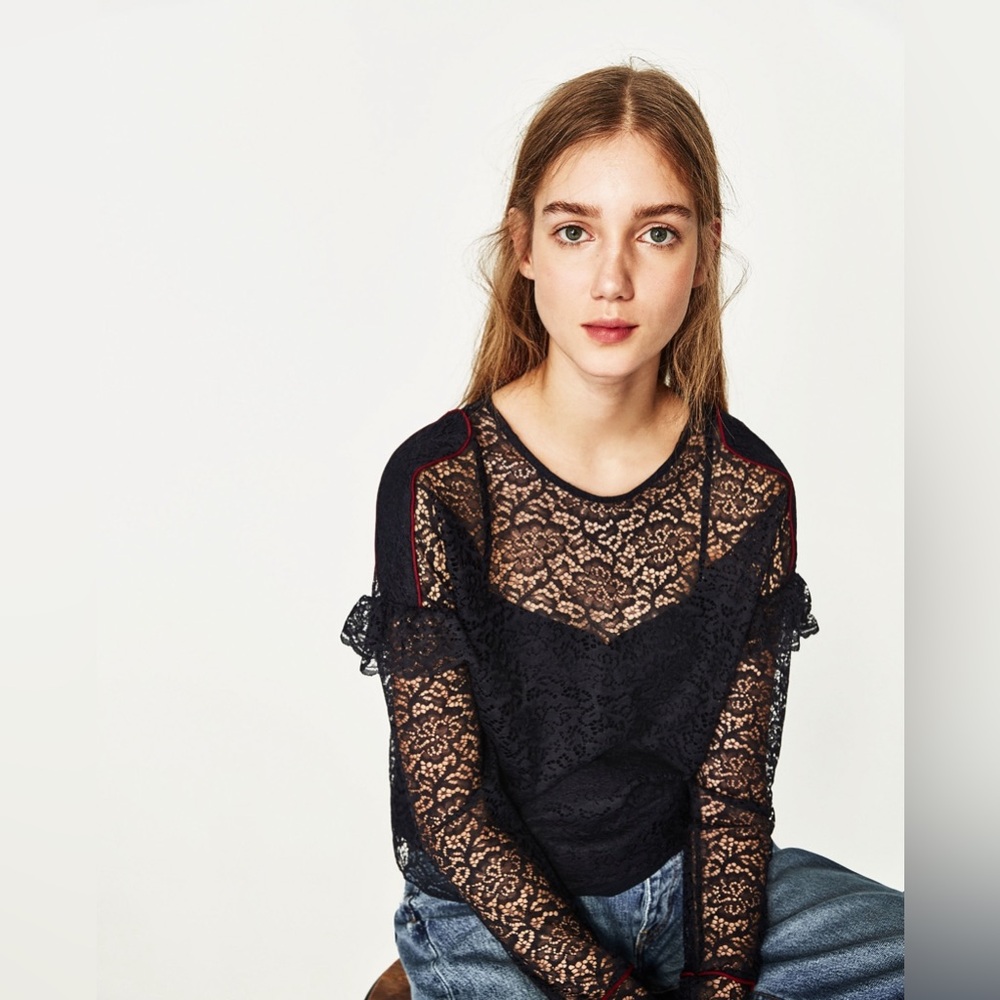 Zara Black Lace Blouse Attached Tank Top Size M Ruffle Long Sleeve Whimsical